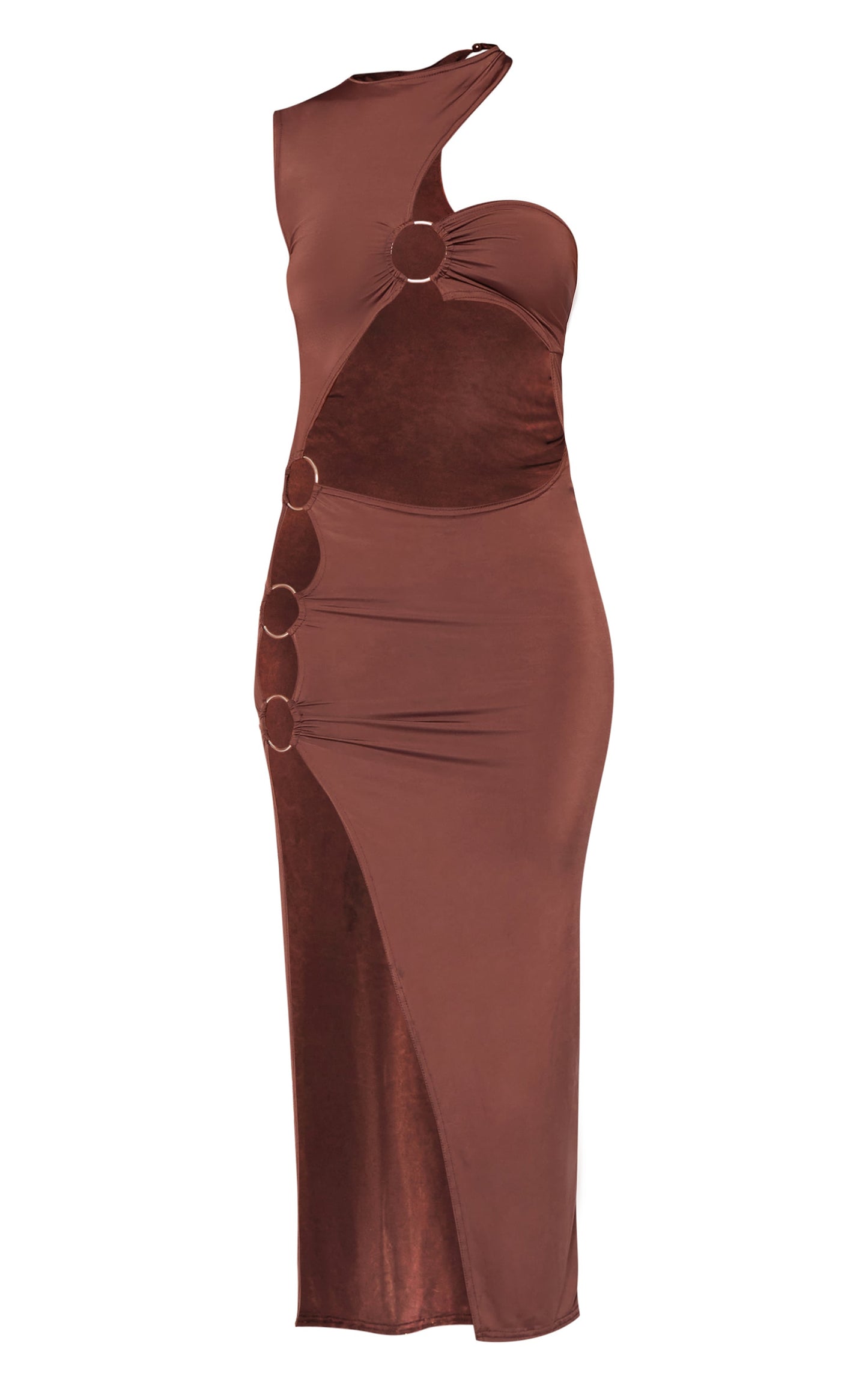 Chocolate Slinky High Neck Ring Detail Cut Out Midi Dress