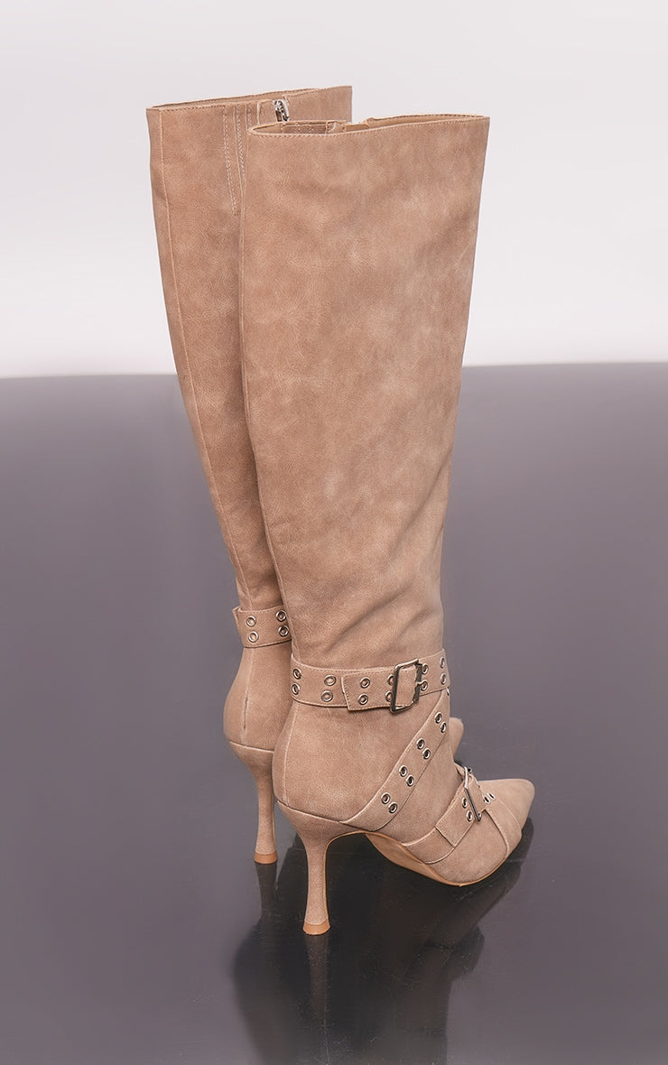 Beige Faux Suede Point Toe Buckle Strap Knee High Heeled Boots