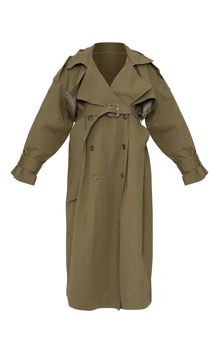 Khaki Woven Hooded Oversized Trench Coat