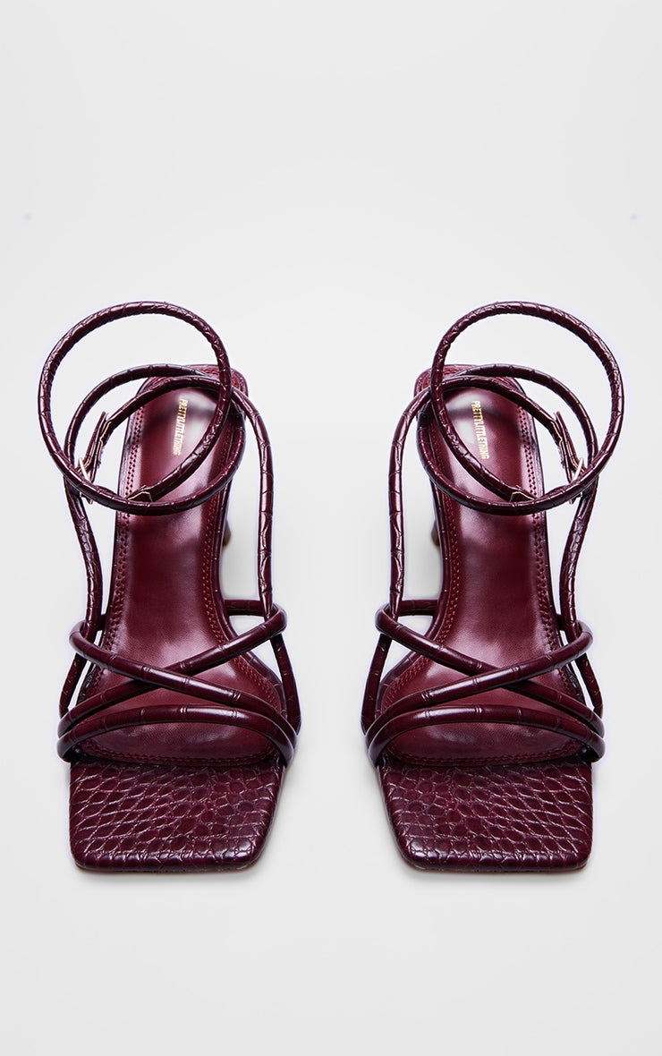 Burgundy Croc PU Square Toe Tube Strappy Mid Stiletto Heeled Sandals