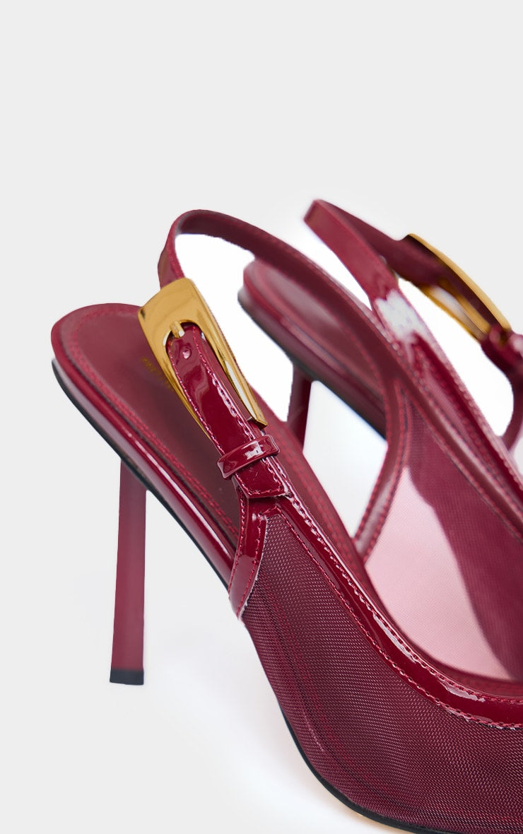 Burgundy Mesh Gold Buckle Point Toe Court Heels