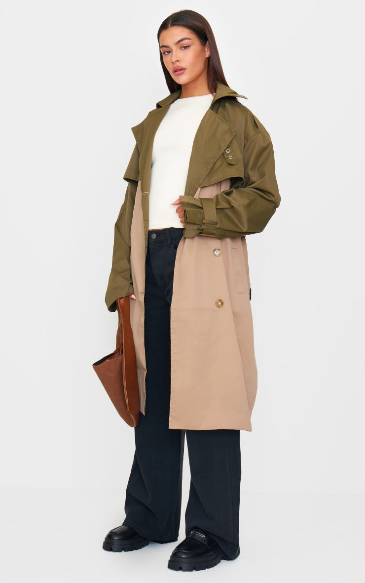 Khaki Contrast Oversized Belted Midi Trench Coat