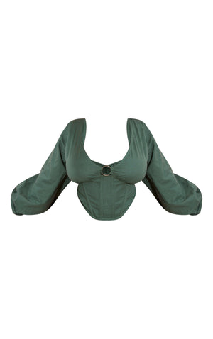 Plus Dark Green Ring Boning Long Sleeve Bardot Top