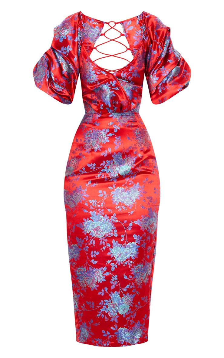 Red Floral Jacquard Lace Up Back Midi Dress