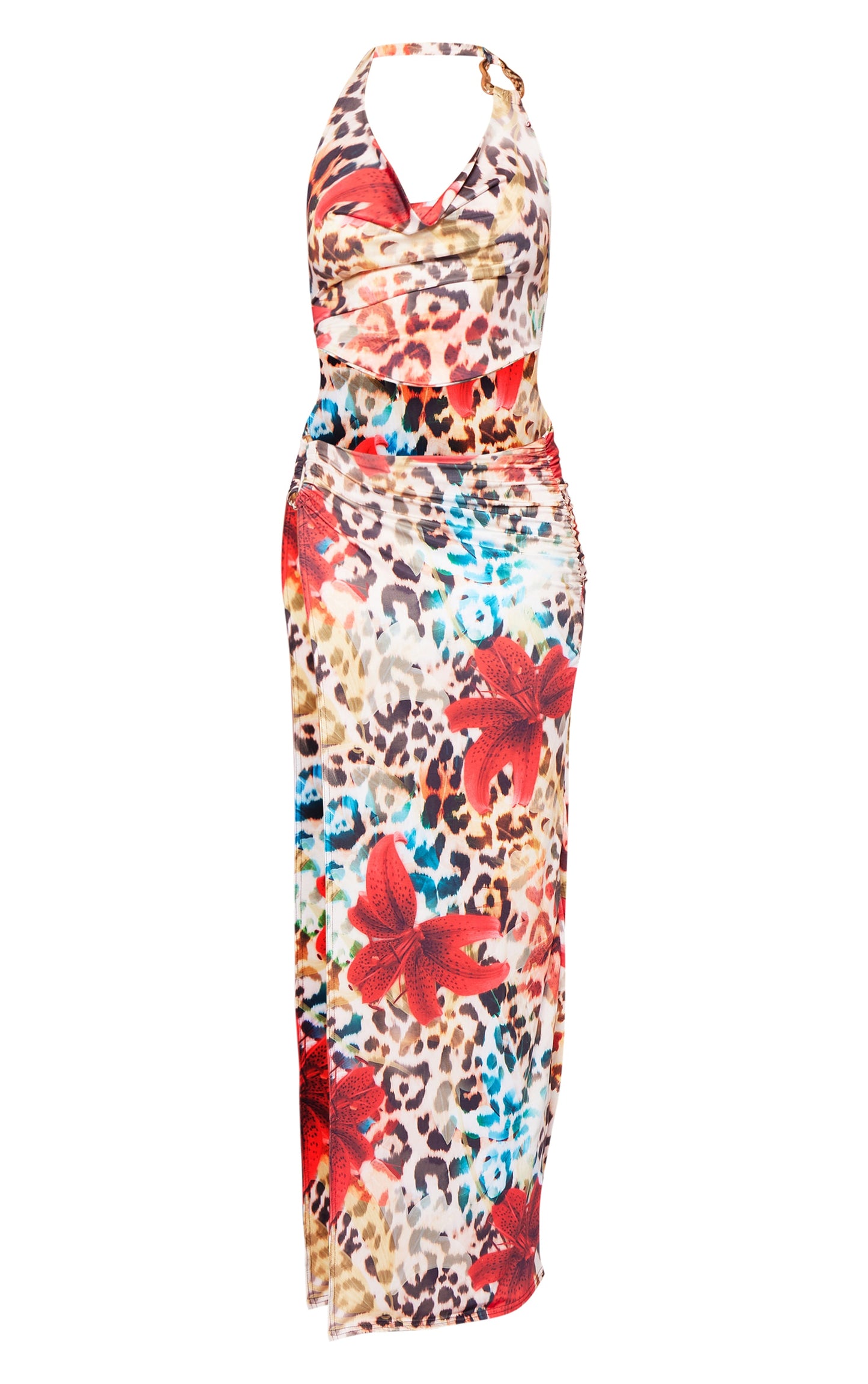 Multi Leopard Floral Print Slinky Cowl Neck Trim Detail Maxi Dress