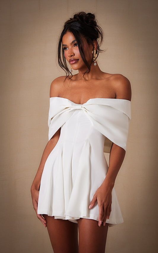 Premium White Satin Extreme Bow Detail Playsuit