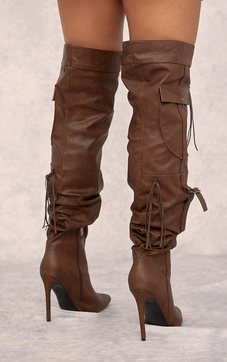 Brown Wide Fit PU Point Toe Utility Buckle Over The Knee Fringed Boots