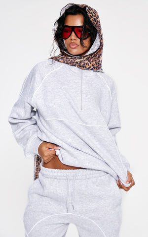 Ash Grey Oversized Contrast Piping Quarter Zip Sweatshirt