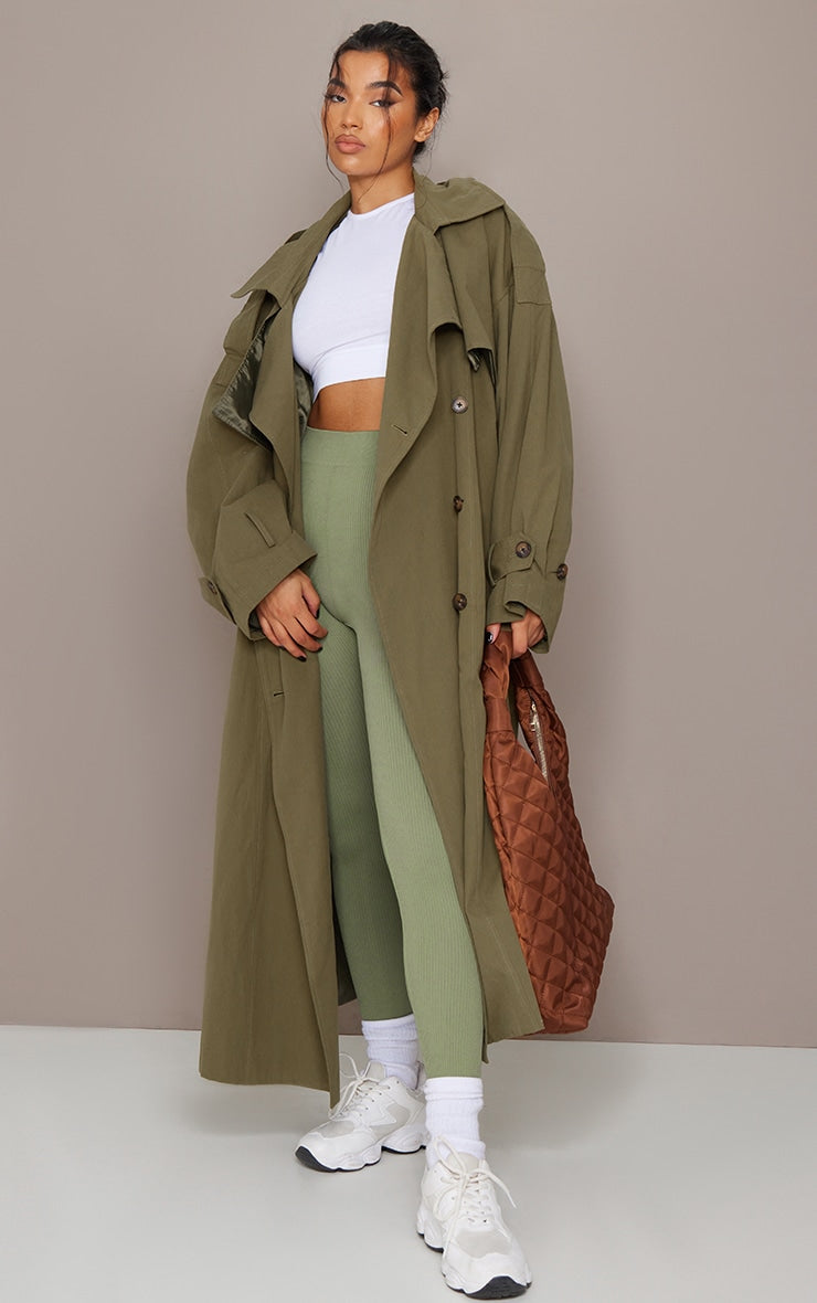 Khaki Woven Hooded Oversized Trench Coat