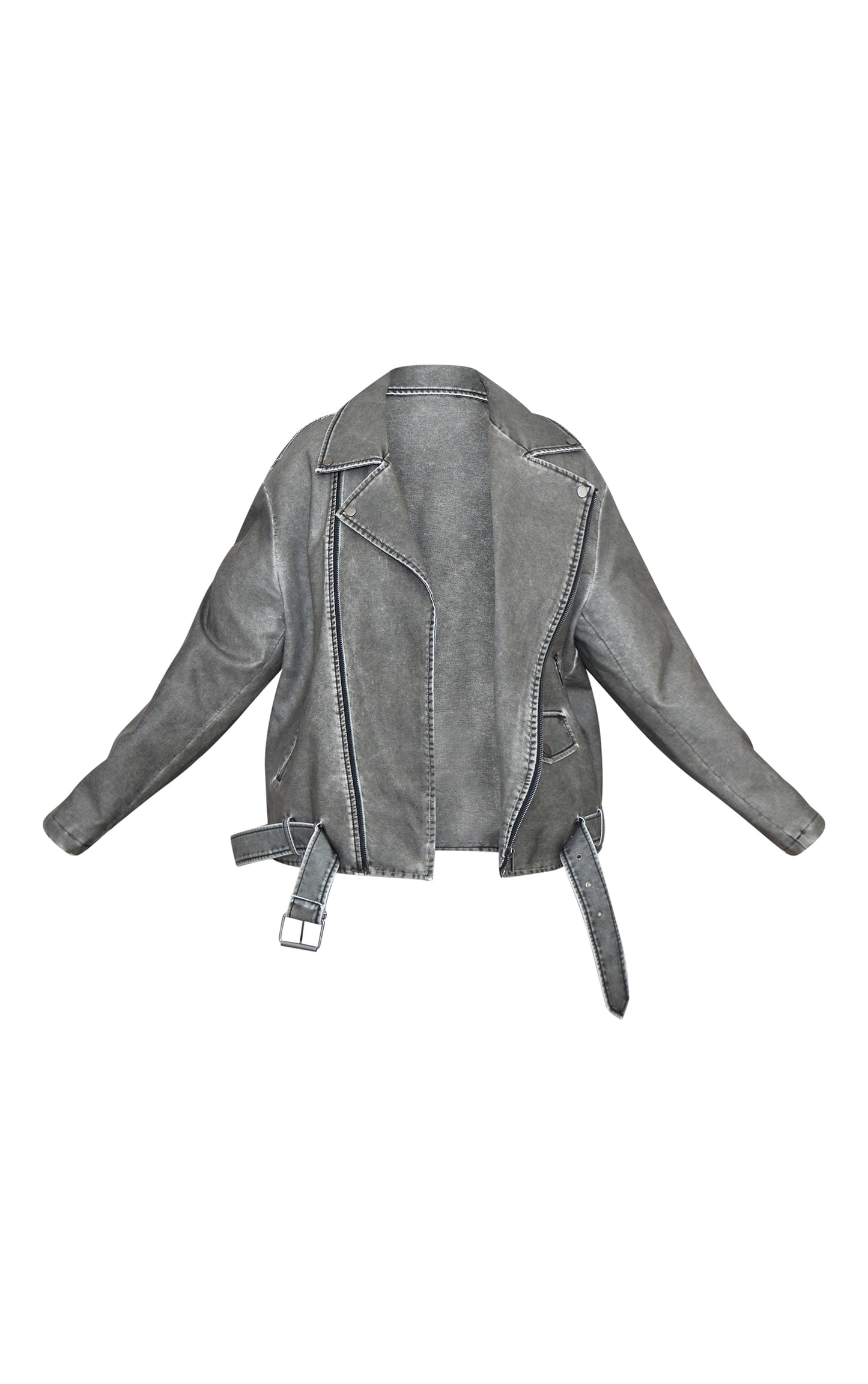 Plus Charcoal Distressed Look Faux Leather Longline Biker Jacket