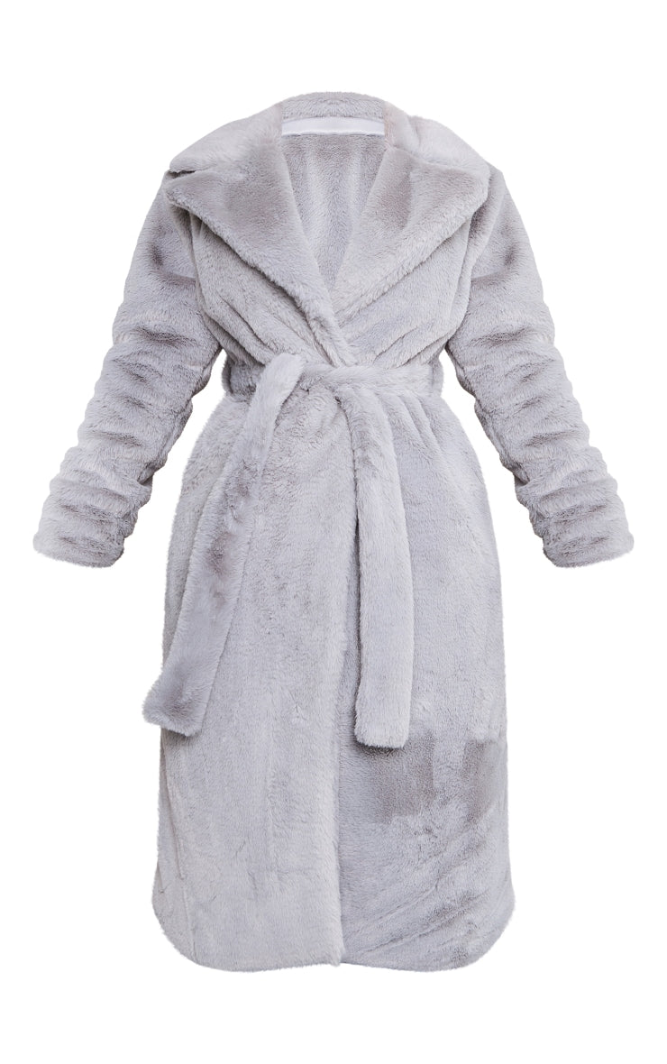 Petite Light Grey Belted Faux Fur Coat