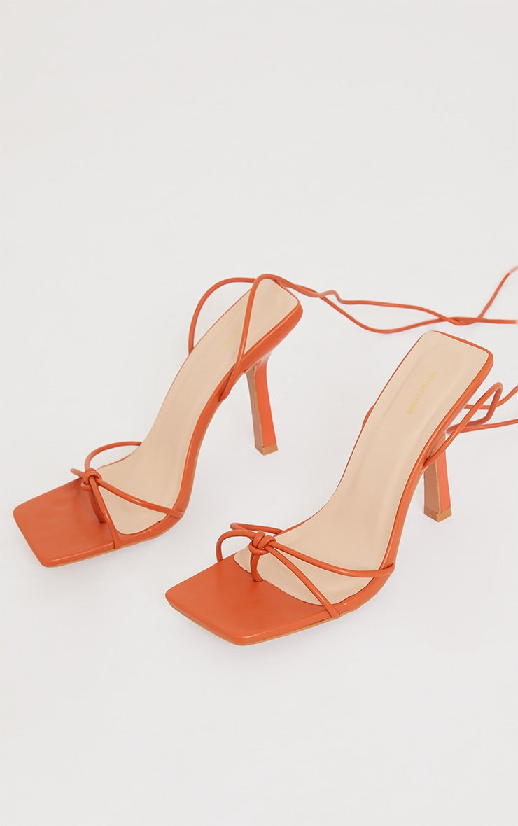 Orange PU Square Knot Detail Toe Thong Lace Up High Heeled Sandals - HCWP 