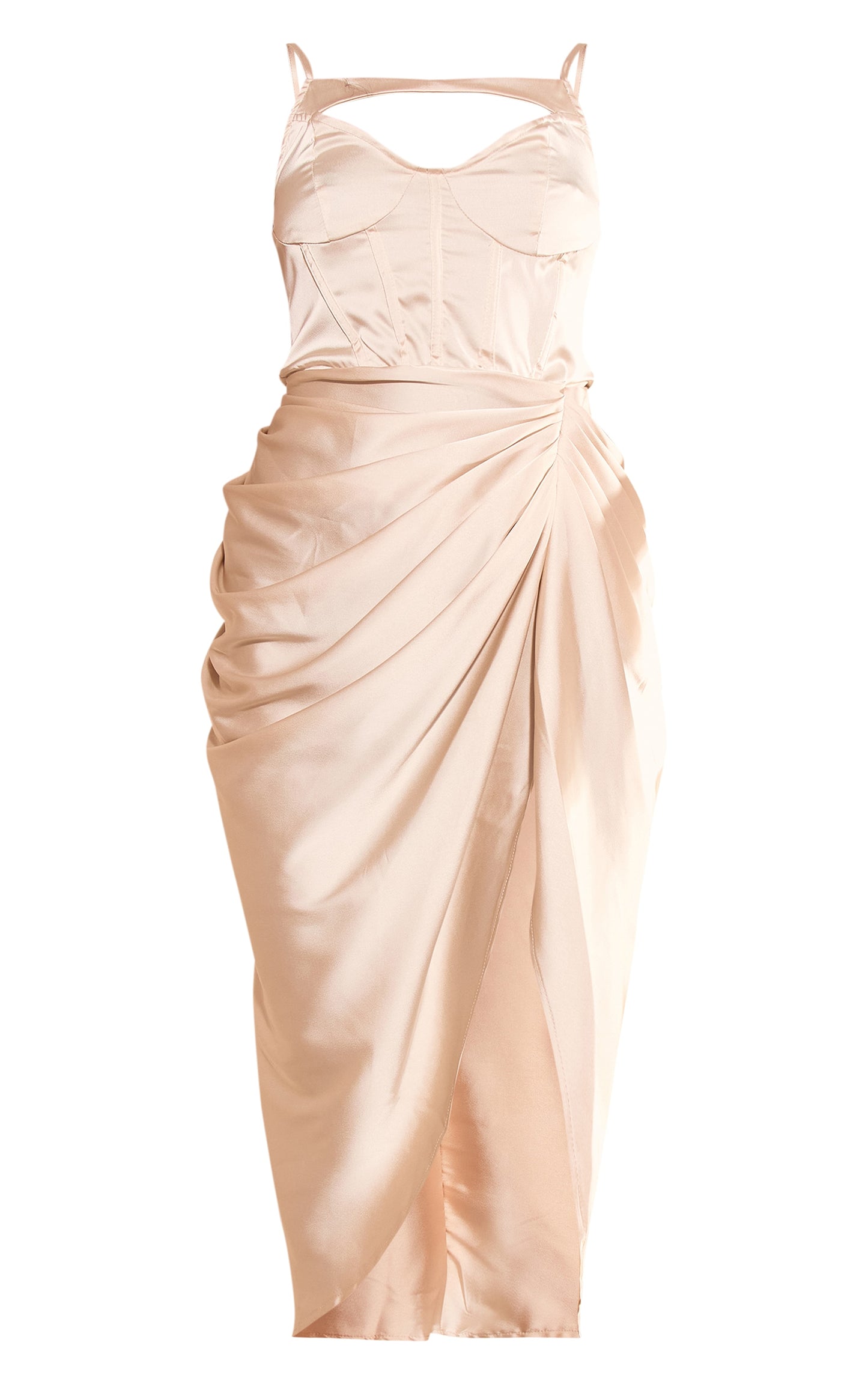 Champagne Satin Corset Detail Midi Dress - HCWP 