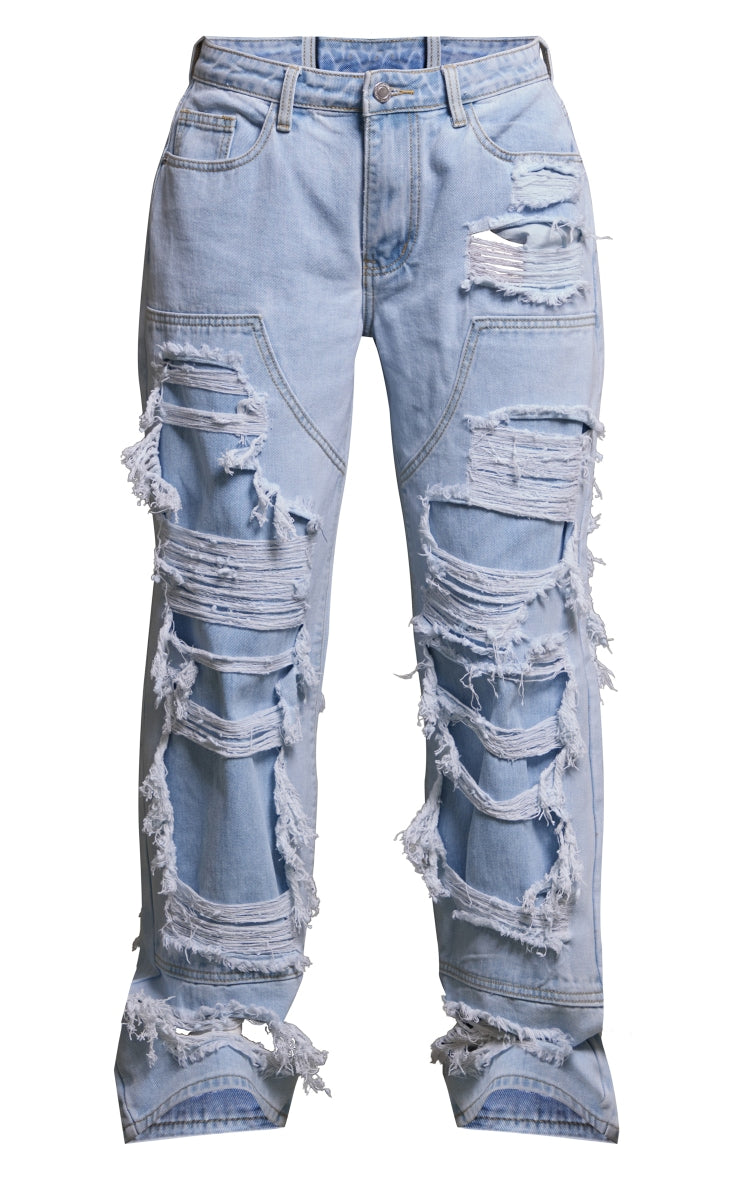 Light Blue Wash Extreme Distress Wide Leg Jeans