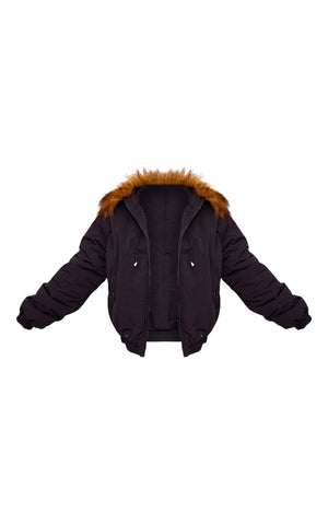 Slate Grey Faux Fur Detachable Hood Parka Coat