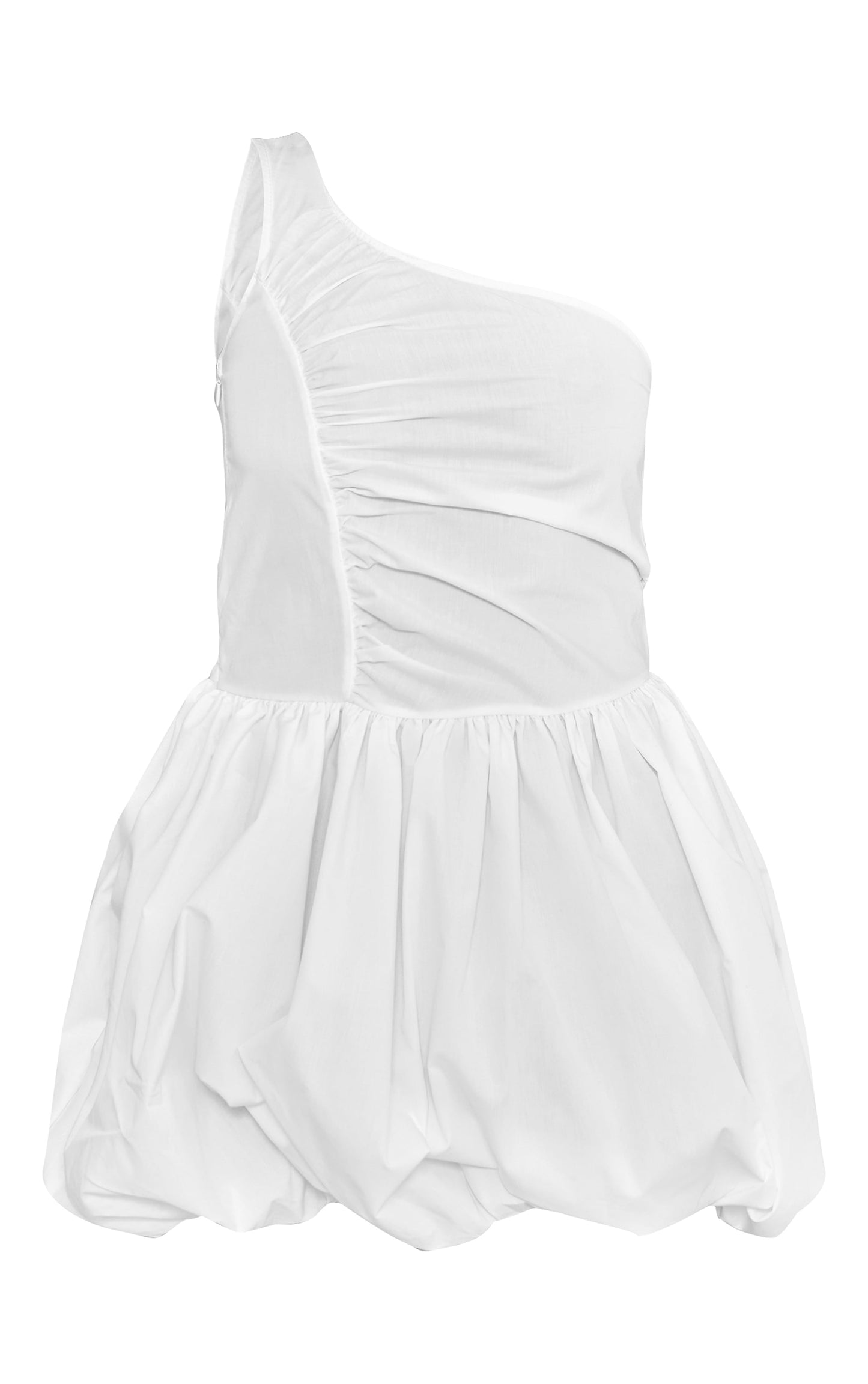 White One Shoulder Ruched Puff Ball Dress