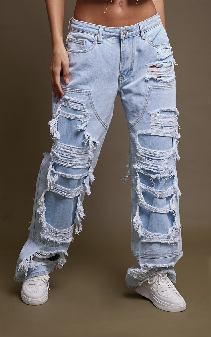 Light Blue Wash Extreme Distress Wide Leg Jeans