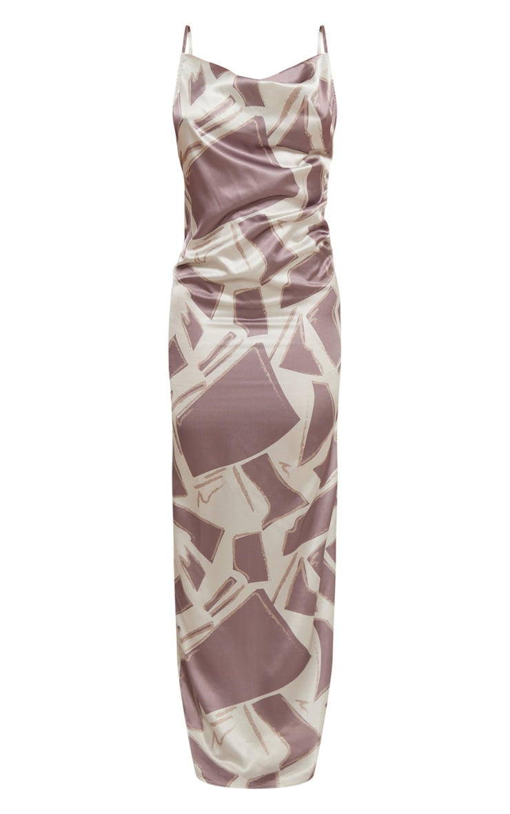 White Zebra Print Satin Cowl Neck Maxi Dress - HCWP 