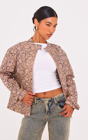 Brown Snake Faux Leather Zip Up Jacket