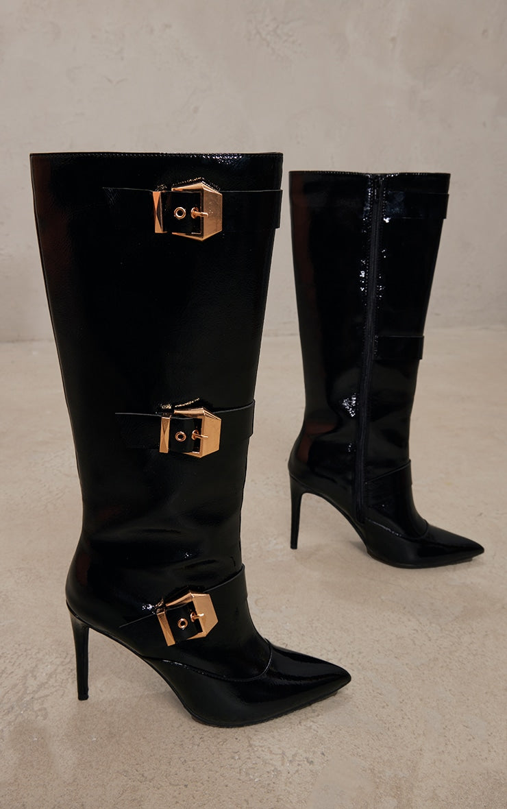 Black PU Patent Point Toe Buckle Knee High Heeled Boots