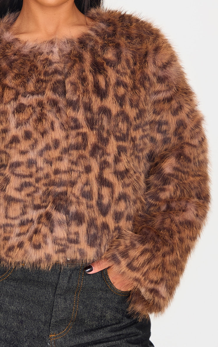 Brown Collarless Leopard Print Faux Fur Coat