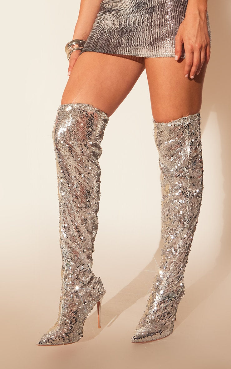 Silver Sequin Point Toe Over The Knee Heeled Boots