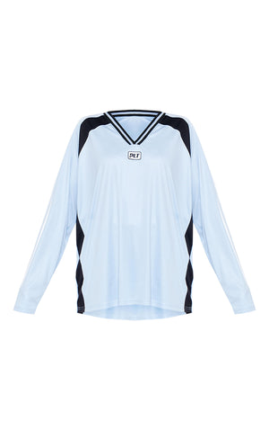 PRETTYLITTLETHING Baby Blue Studio Mode Long Sleeve Football Shirt