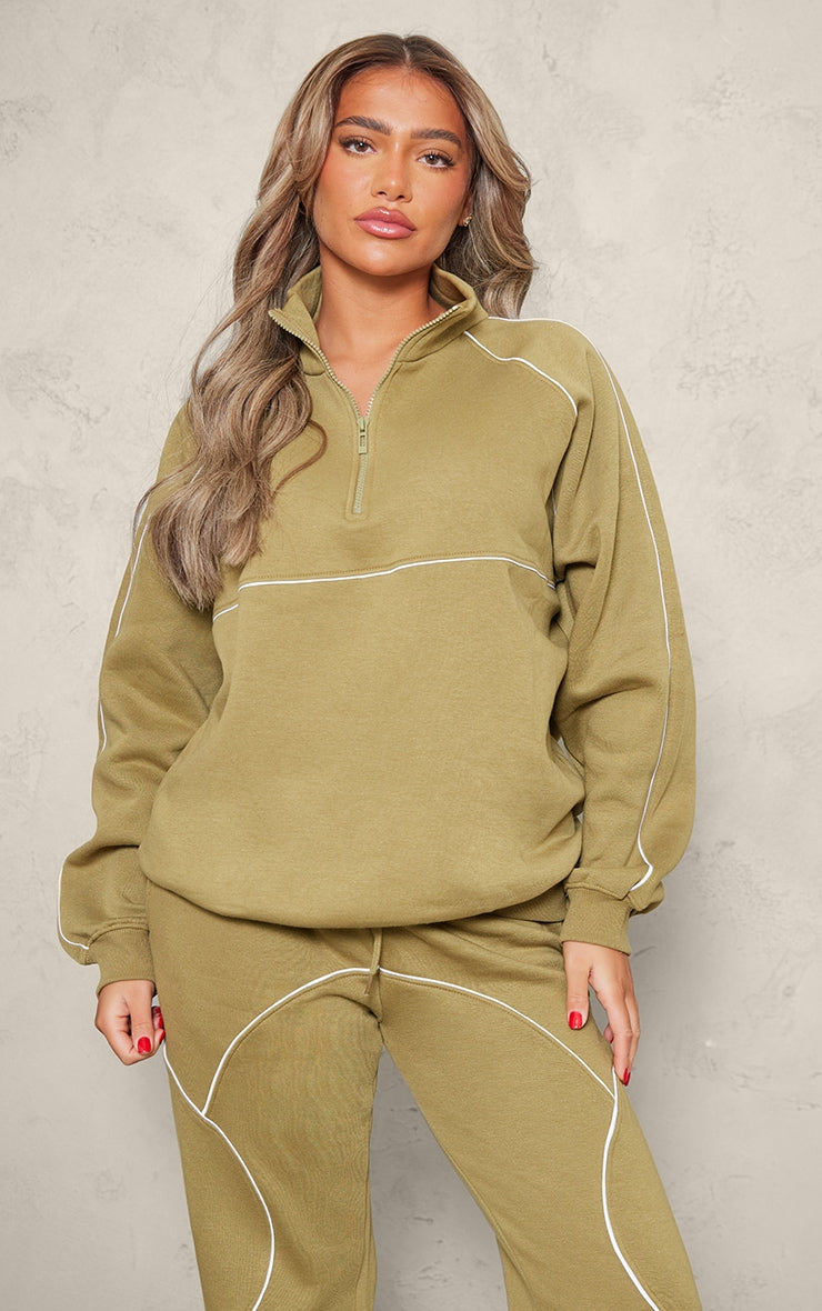 Ash Grey Oversized Contrast Piping Quarter Zip Sweatshirt