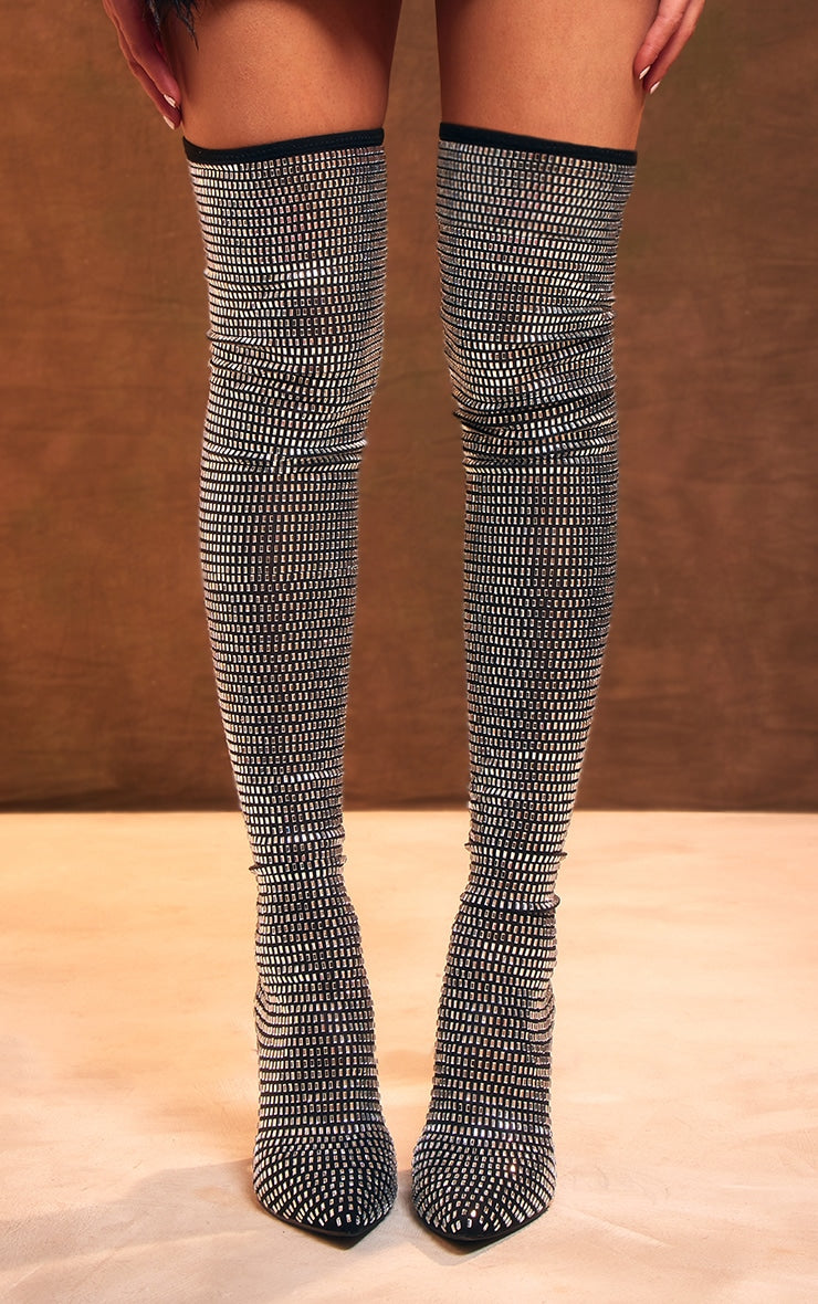 Black Mesh Point Toe Diamante Over The Knee High Heeled Boots - HCWP 