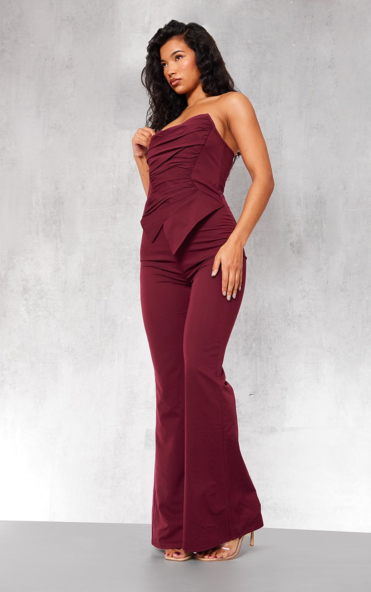 Burgundy Ruch Pointed Corset Bandeau Jumpsuit