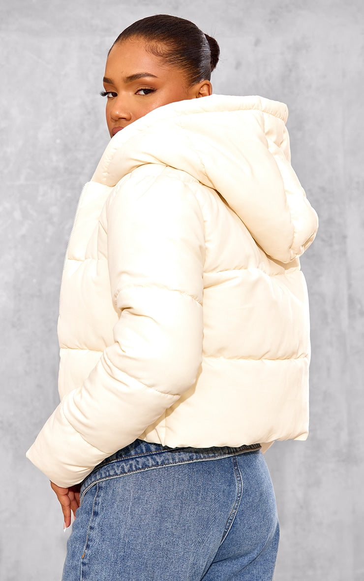 Cream Basic Hooded Zip Up Cropped Puffer Jacket