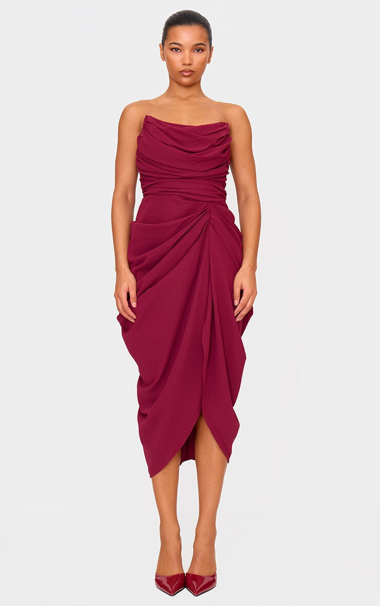 Burgundy Chiffon Corset Bandeau Draped Midi Dress