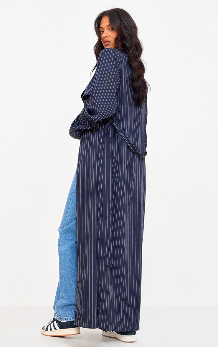 Tall Navy Pinstripe Tie Belt Maxi Trench Coat