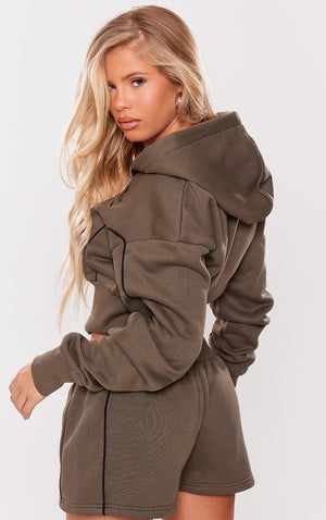 PRETTYLITTLETHING Khaki Cropped Contrast Stitch Zip Through Hoodie