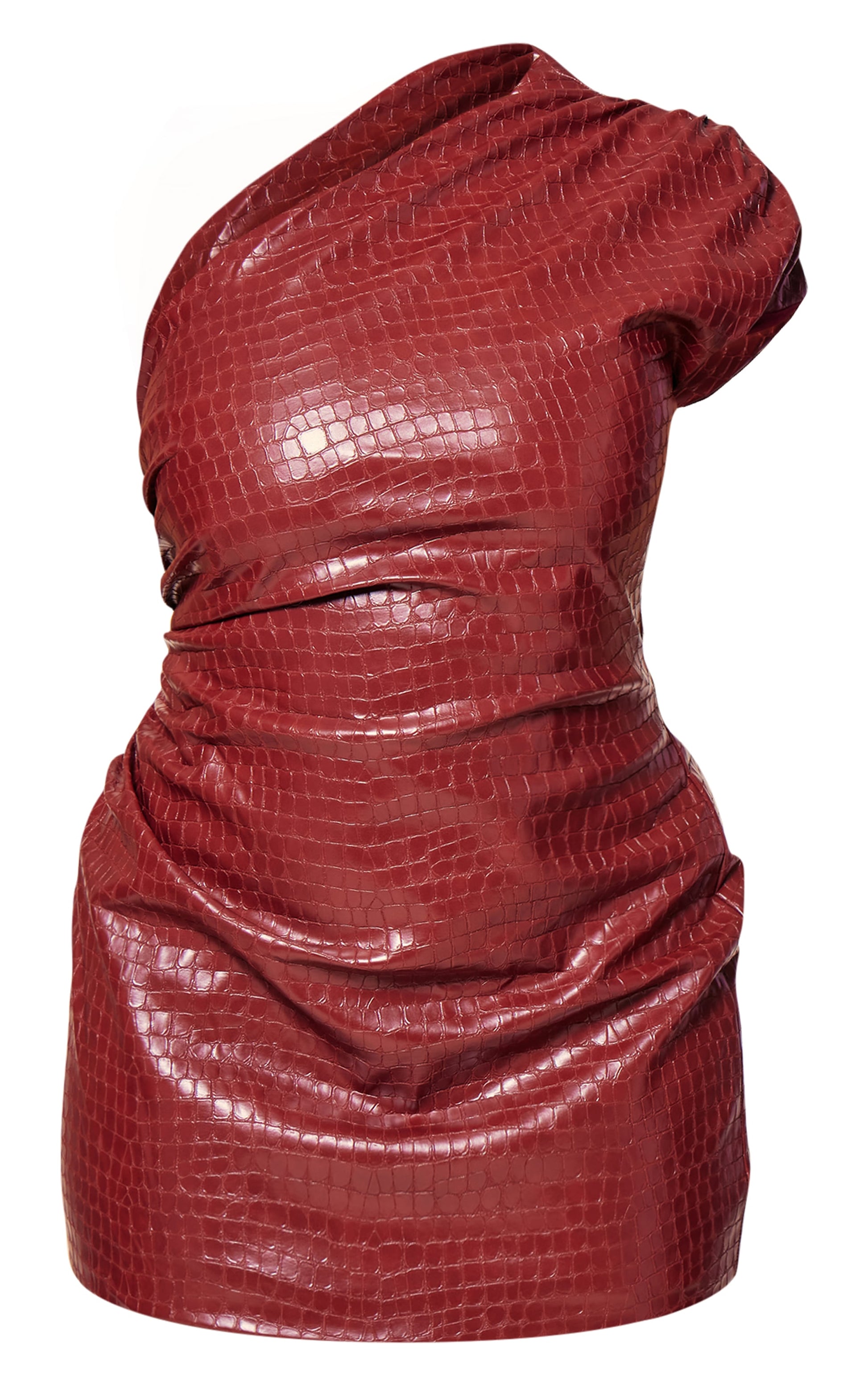 PLT Label Plus Burgundy Croc Faux Leather Ruched Asymmetrical Bodycon Dress