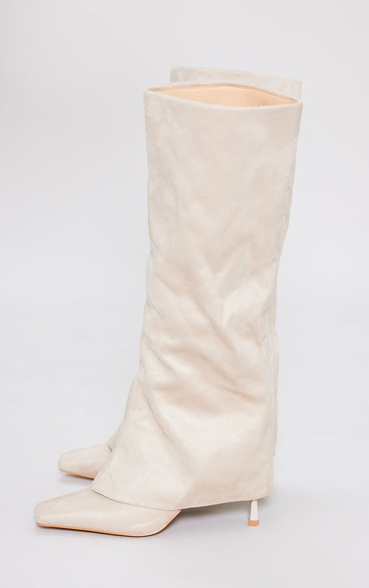 Cream Faux Suede Square Toe Fold Over Low Heeled Knee High Boots