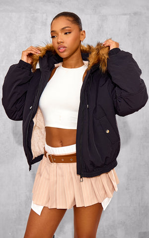 Black Faux Fur Detachable Hood Parka Coat