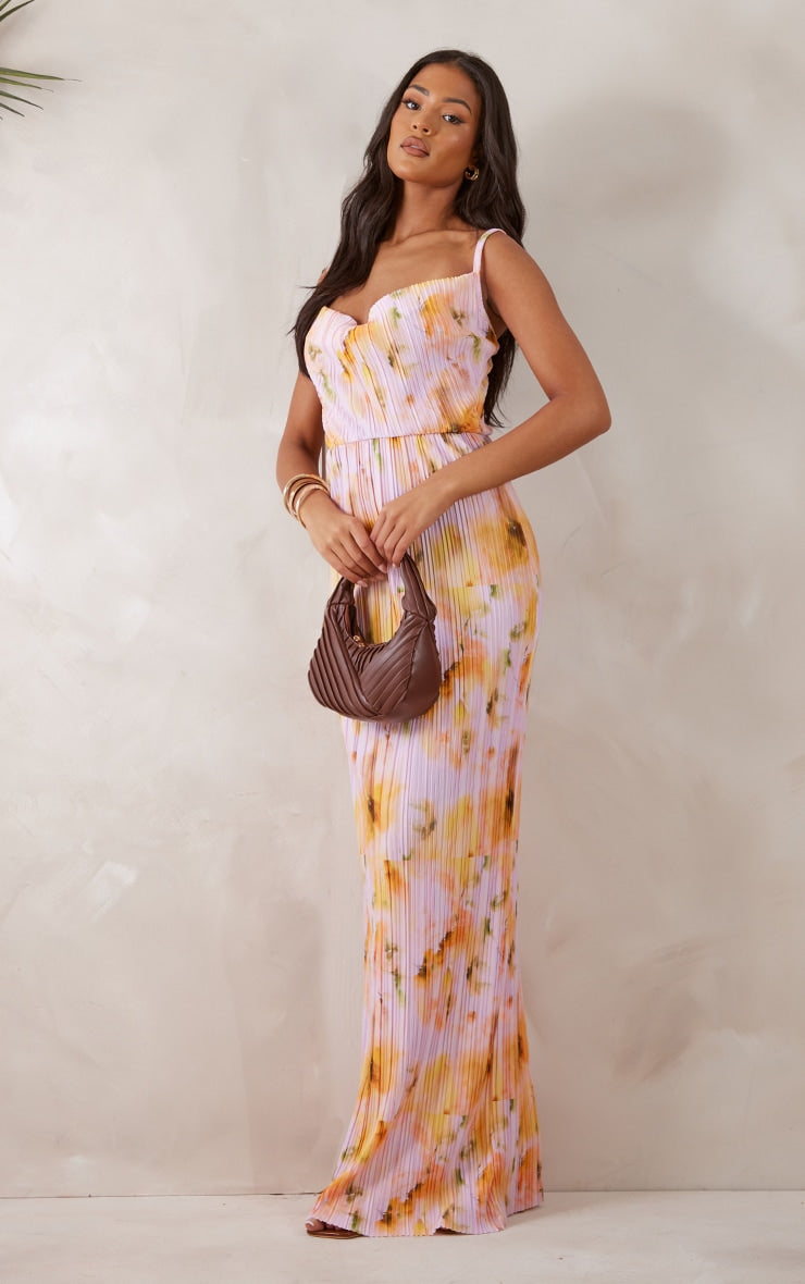 Tall Pink Floral Print Plisse Strappy Maxi Dress