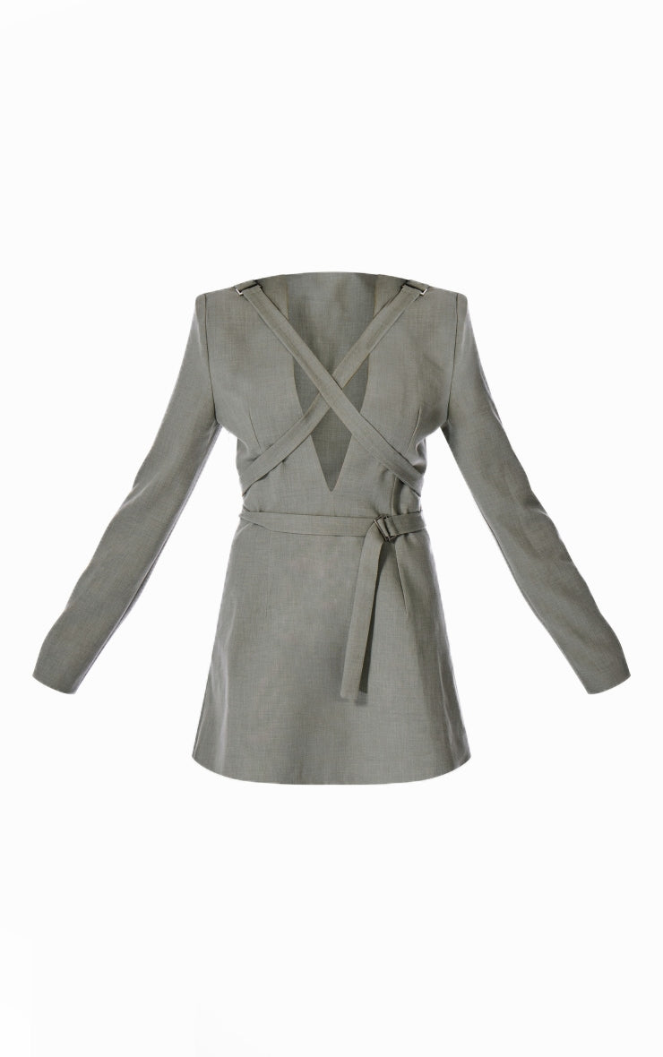 PLT Label Sage Green Strap Detail Cross Over A-line Blazer Dress