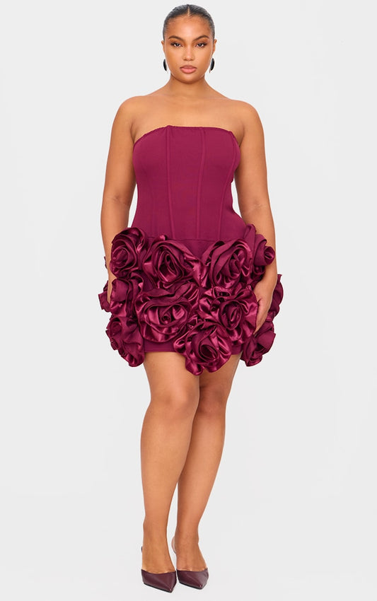 Plus Burgundy Boned Corset Flower Detail Bodycon Dress