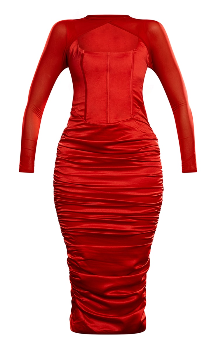 Cherry Red Premium Constructed Satin Mesh Sleeve Ruched Midi Dress