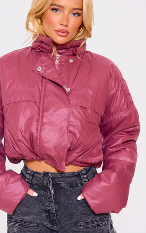 Burgundy Pocket Detail Lightweight Puffer Jacket