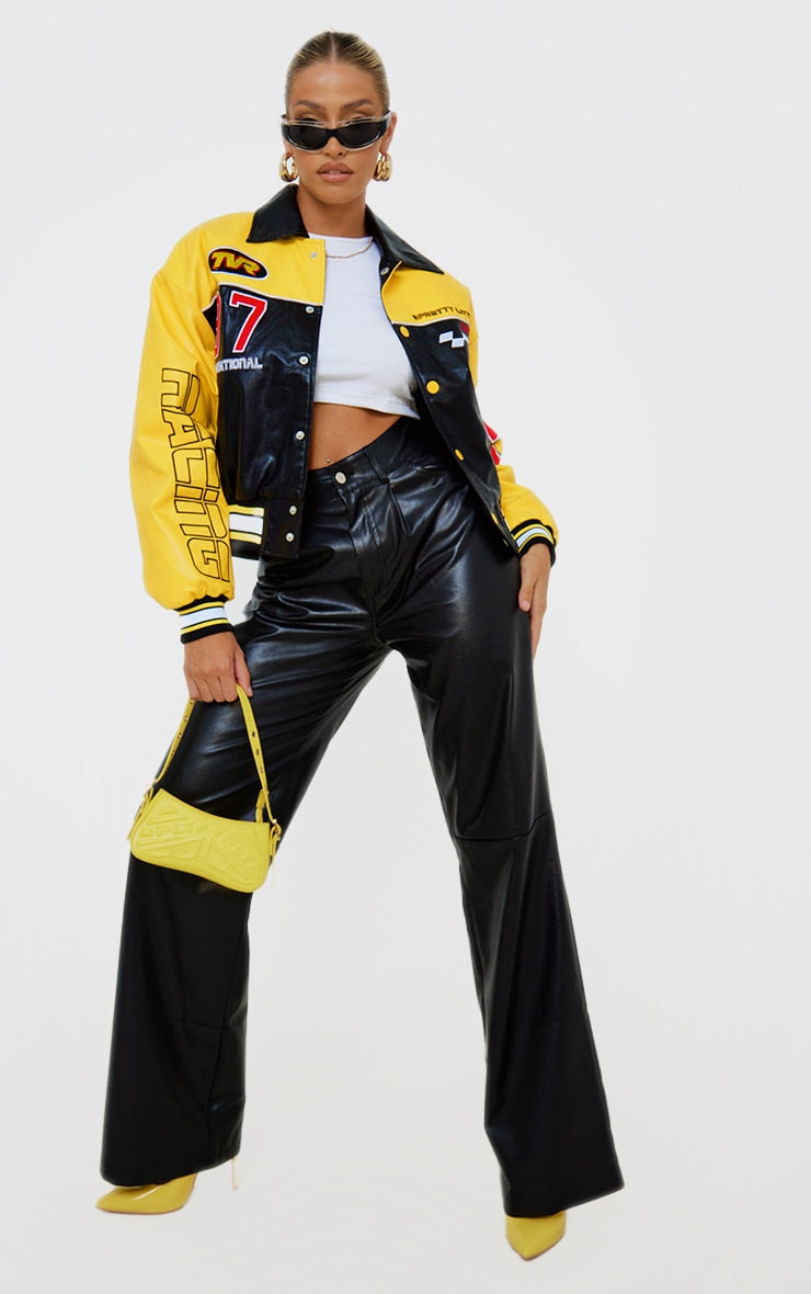 PRETTYLITTLETHING Yellow Faux Leather Motocross Racer Bomber Jacket