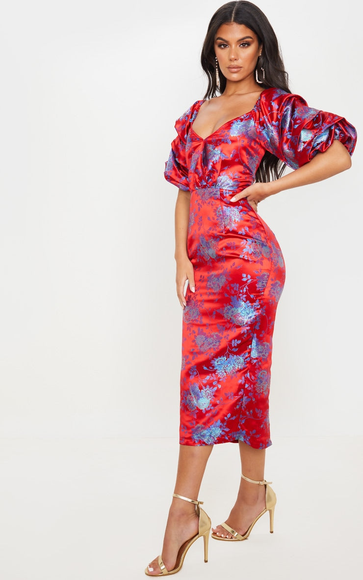 Red Floral Jacquard Lace Up Back Midi Dress