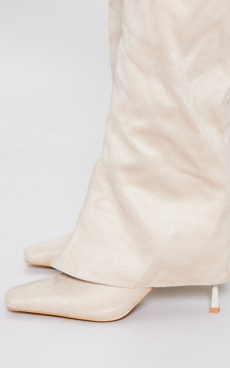 Cream Faux Suede Square Toe Fold Over Low Heeled Knee High Boots