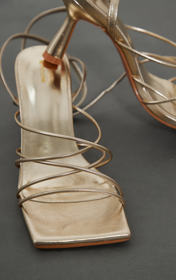 Gold PU Metallic Square Toe Cross Over Strappy Mid Heeled Sandals - HCWP 