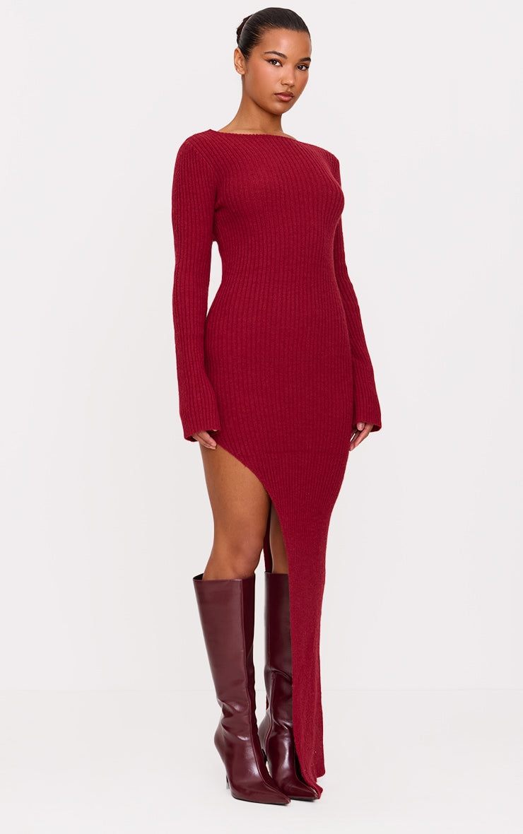 Burgundy Rib Knit Low Back Long Sleeve Maxi Dress