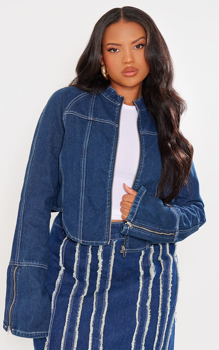 Plus Indigo Blue Wash Zip Up Cuff Detail Denim Jacket