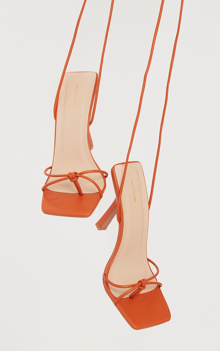 Orange PU Square Knot Detail Toe Thong Lace Up High Heeled Sandals - HCWP 