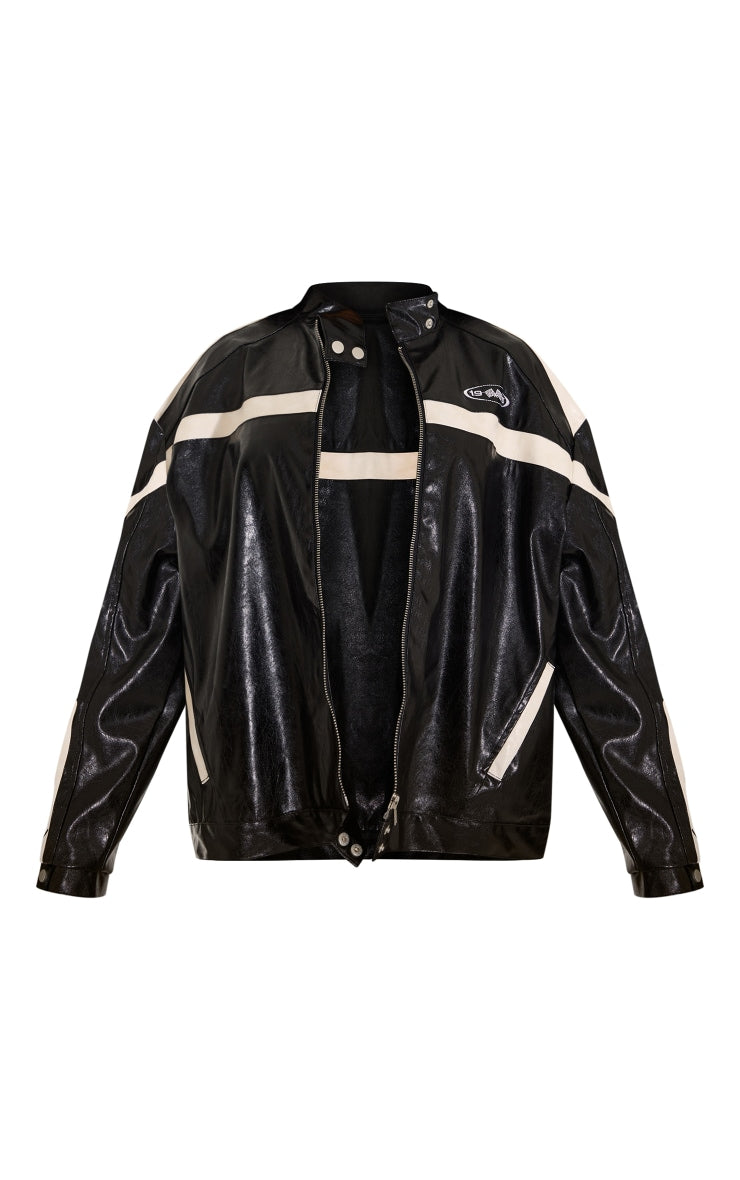 Black Distressed Faux Leather Racer Jacket